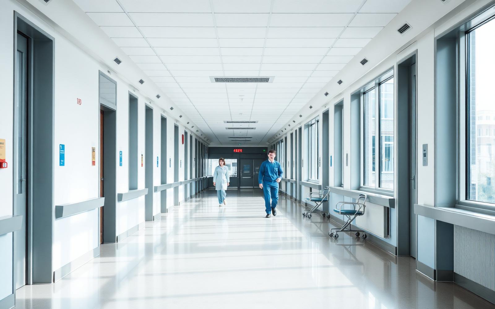 A bright, modern UK hospital corridor with staff walking in the distance