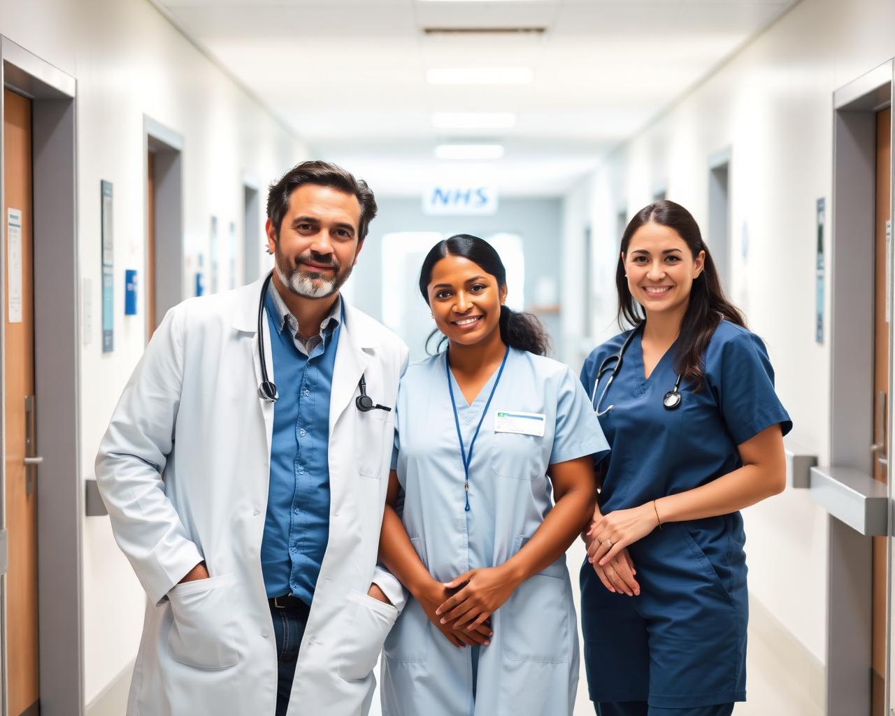A UK doctor, nurse and healthcare assistant standing together in a bright NHS hospital corridor