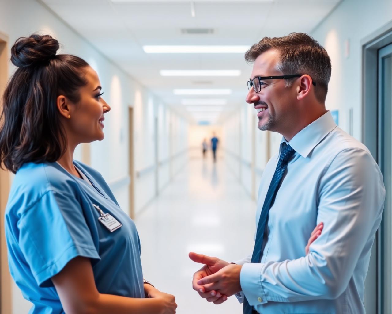 A UK healthcare professional in scrubs and a hospital administrator in conversation in a bright NHS corridor