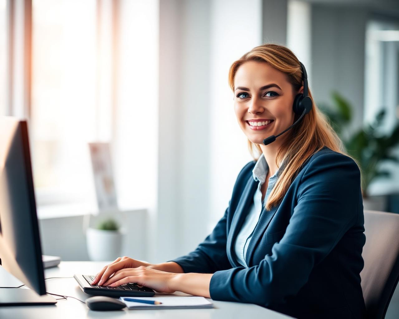 A friendly UK recruitment consultant with a headset at a bright modern office desk, ready to help