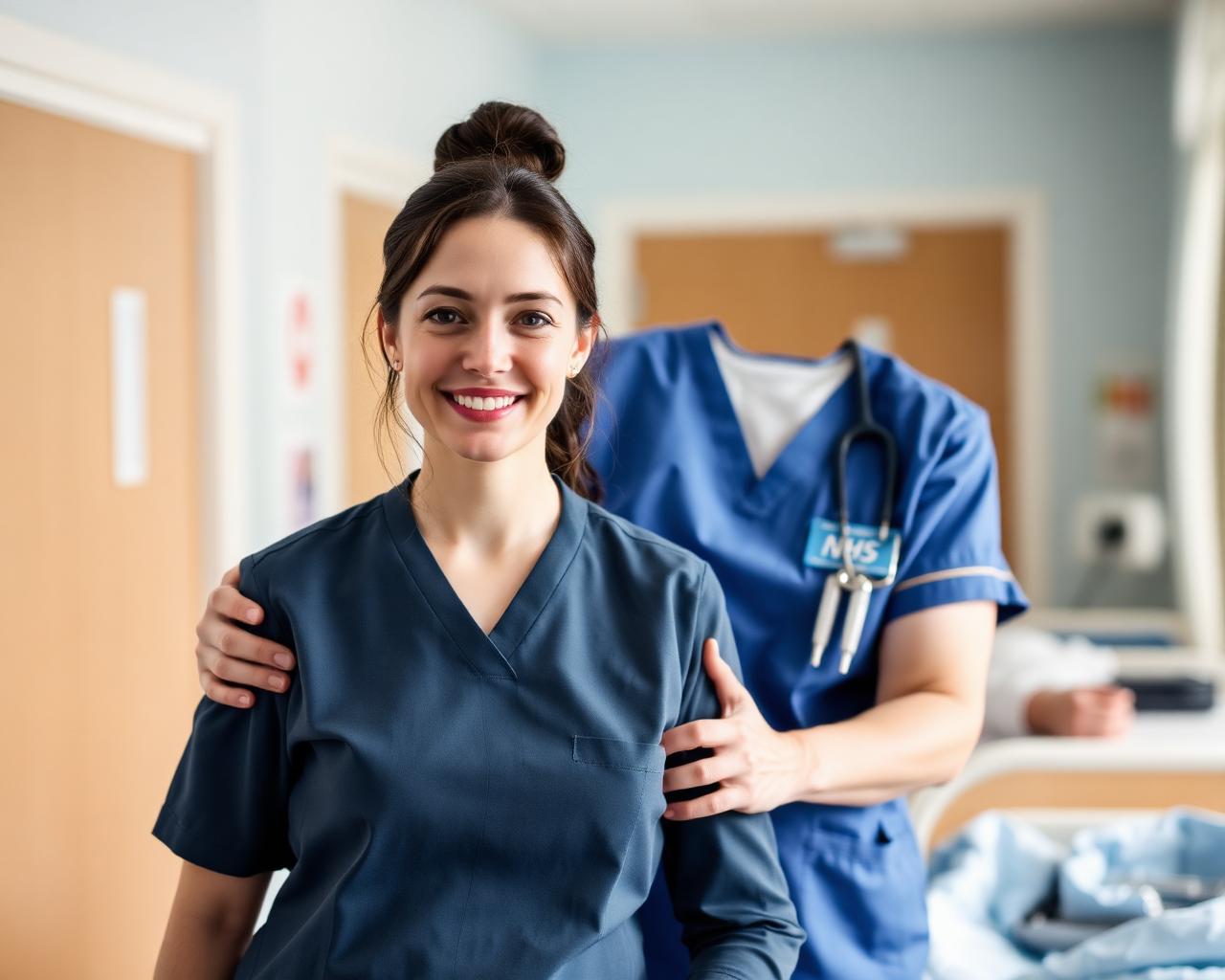 A UK healthcare assistant in tunic uniform warmly supporting a patient on an NHS ward