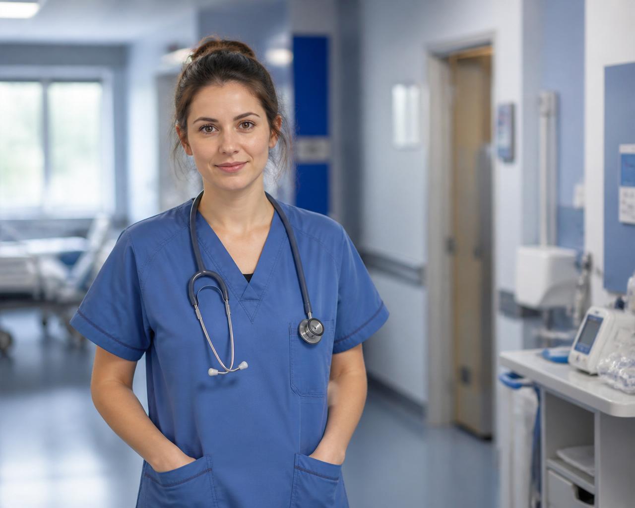 A nurse in blue scrubs with a stethoscope standing in a bright, modern UK hospital corridor